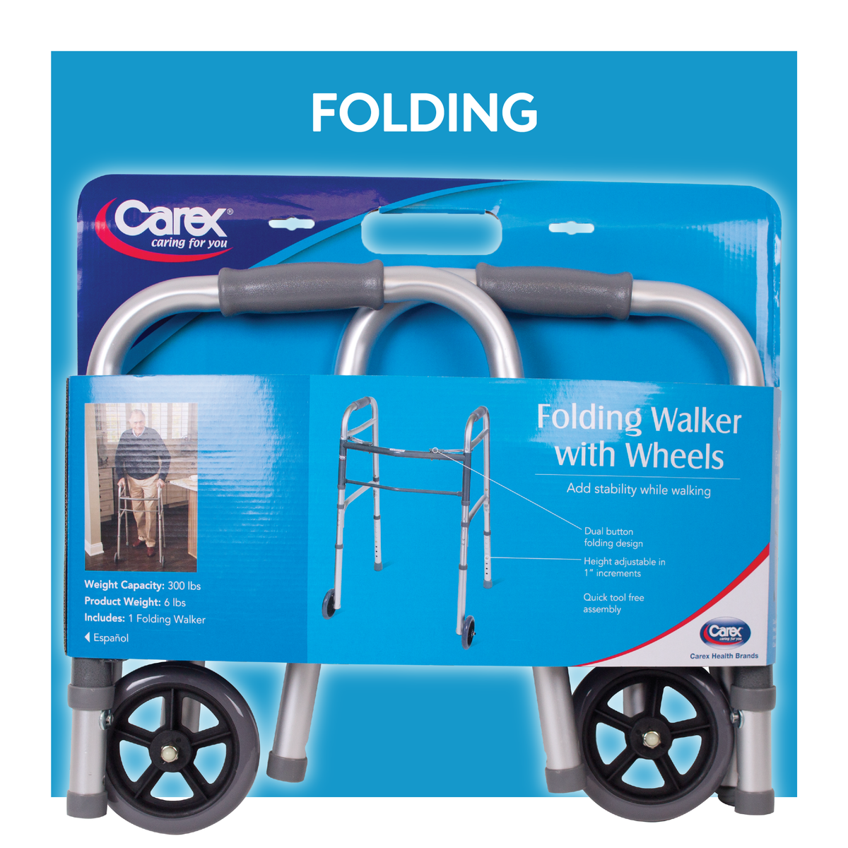 A folded-up walker. Text, “folding”