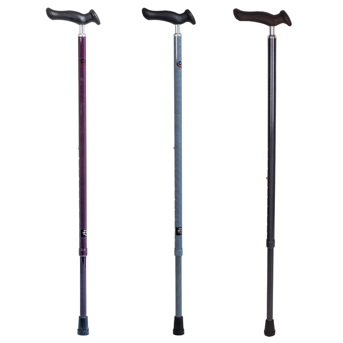 The Carex Comfort Grip Walking Cane in three colors: berry, blue, and black