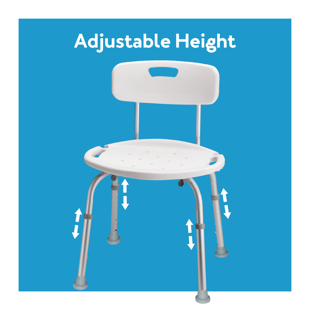 A shower seat with arrow showing its height. Text, “adjustable height”