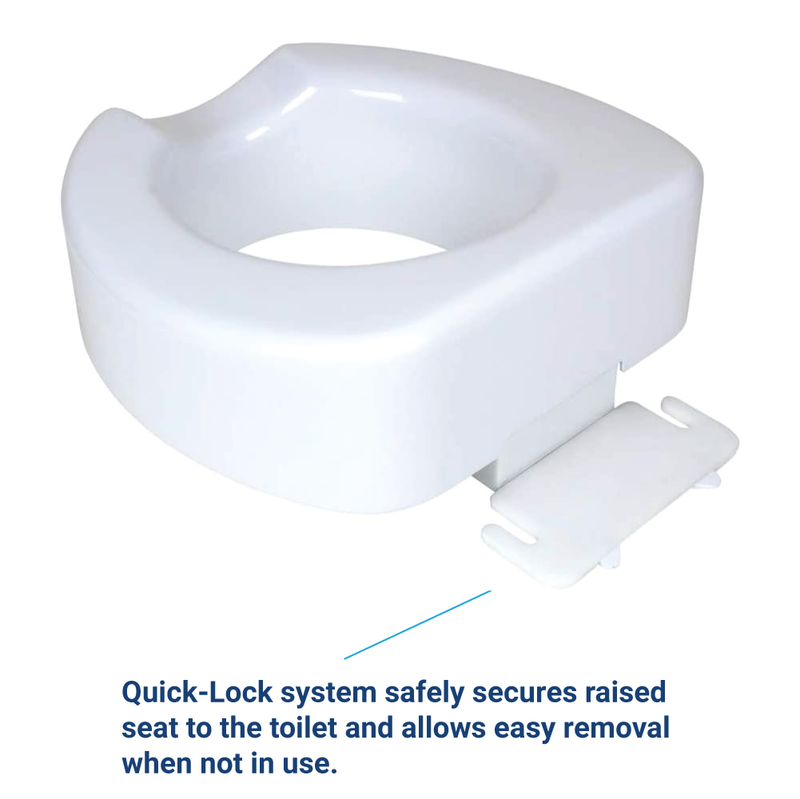 Carex Quick-Lock Raised Toilet Seat Text, Quick lock system safely secures raised seat to toilet and allows easy removal