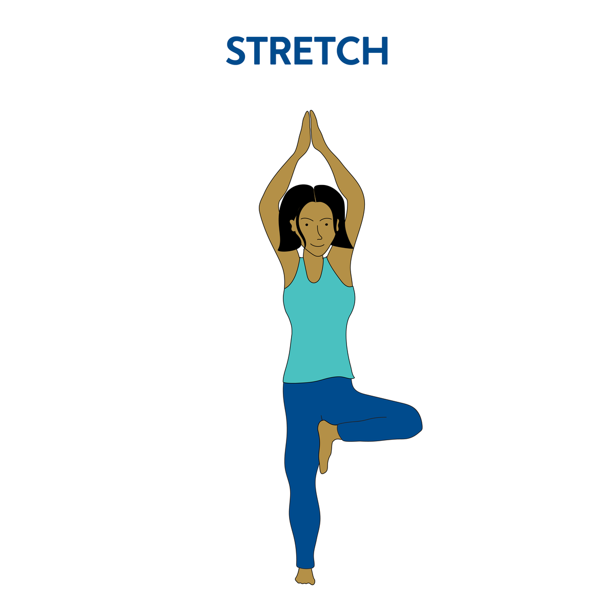 A graphic of a woman stretching. Text, stretch