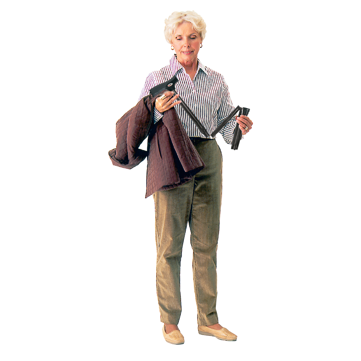An elderly woman holding the Carex Soft Grip Folding Can with Derby Handle on a white background