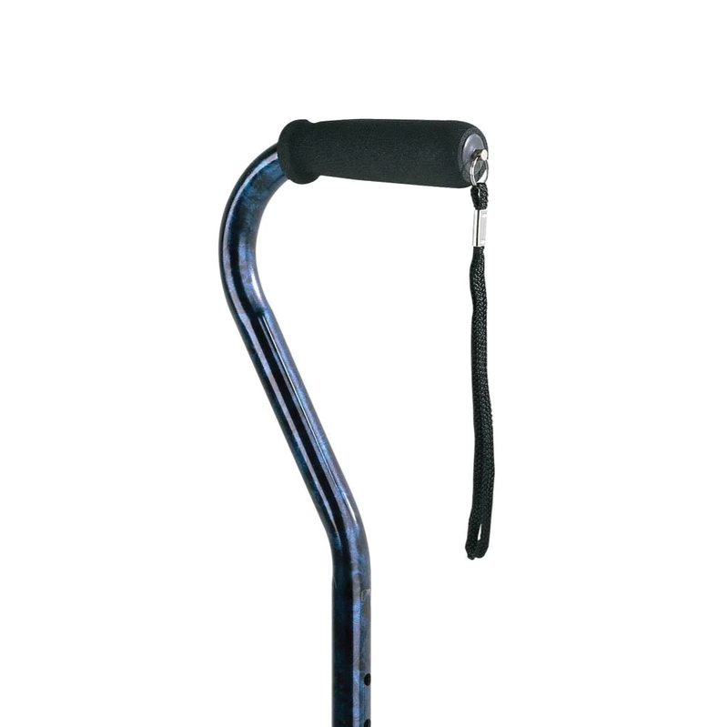 A blue offset walking cane with a strap