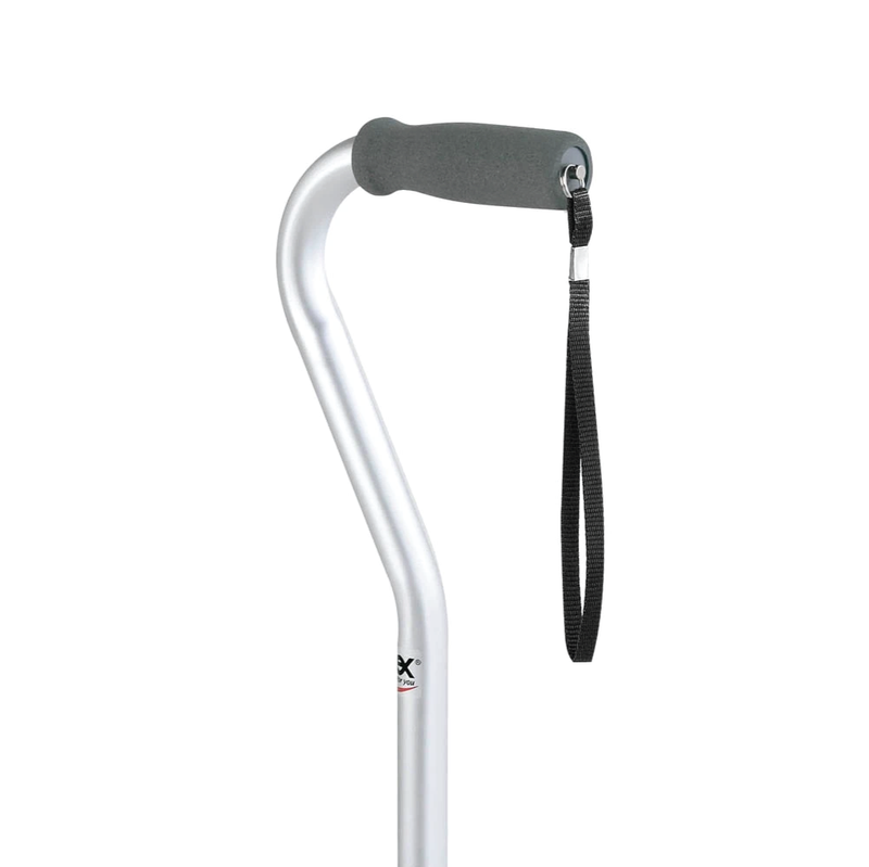 A silver offset walking cane with a strap