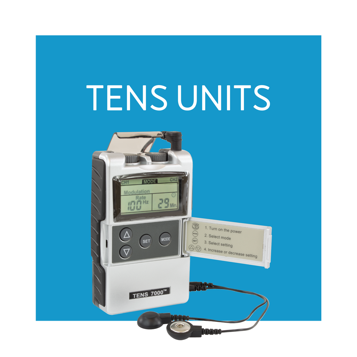 A TENS unit on a blue background