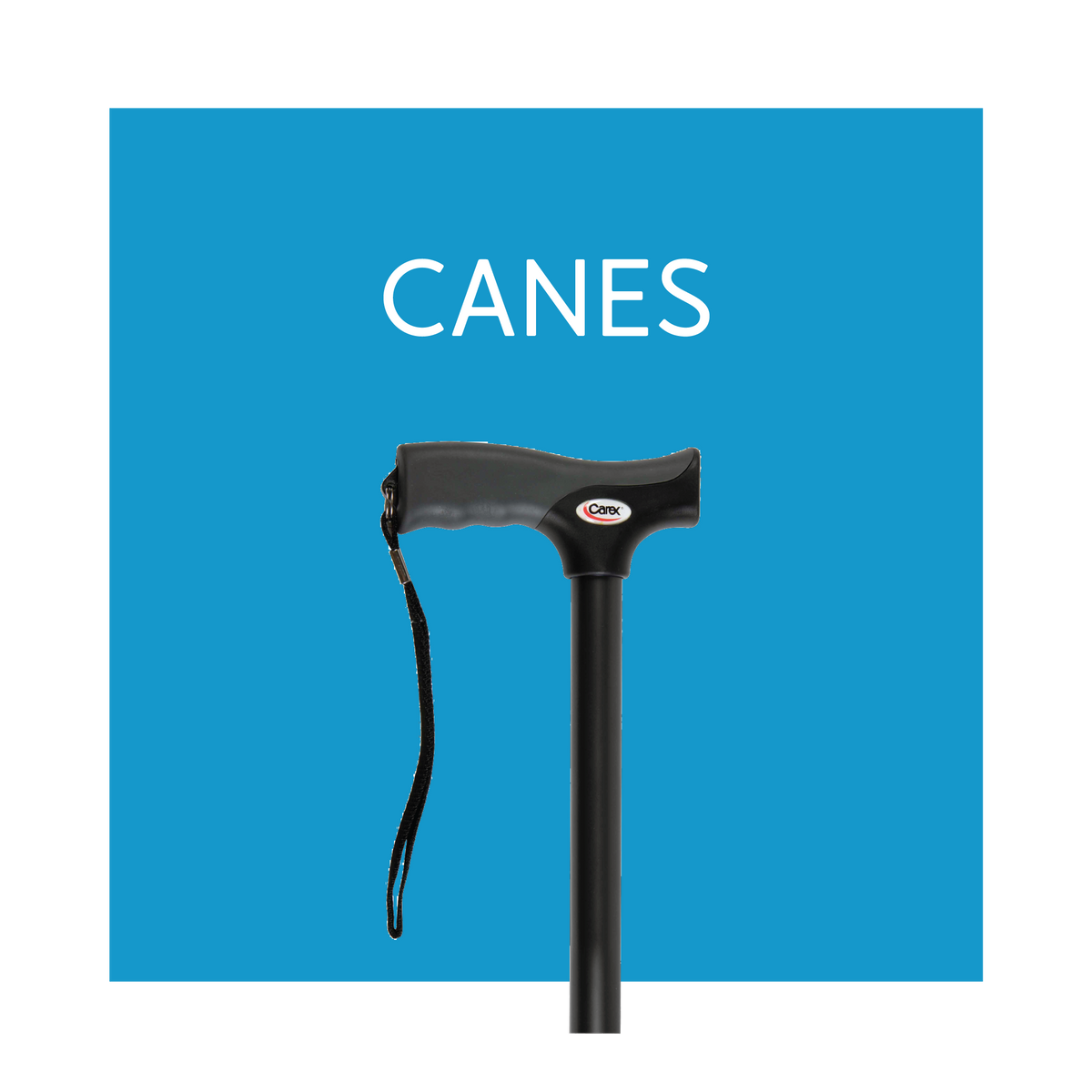 Black derby cane on a blue background. Text, “Canes”