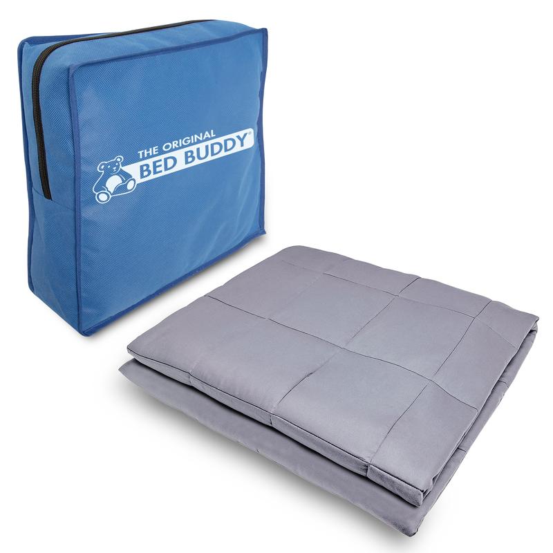 A folded Bed Buddy Weighted Blanket next to its case