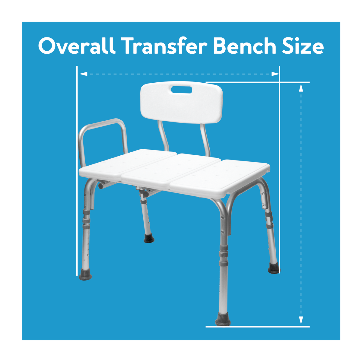 A transfer bench with lines showing its size. Text, “overall transfer bench size”