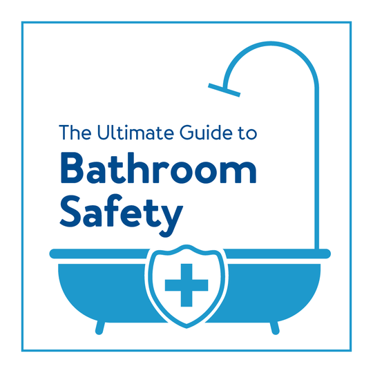 A graphic of a bathtub with a health badge and text above saying “The Ultimate Guide to Bathroom Safety”