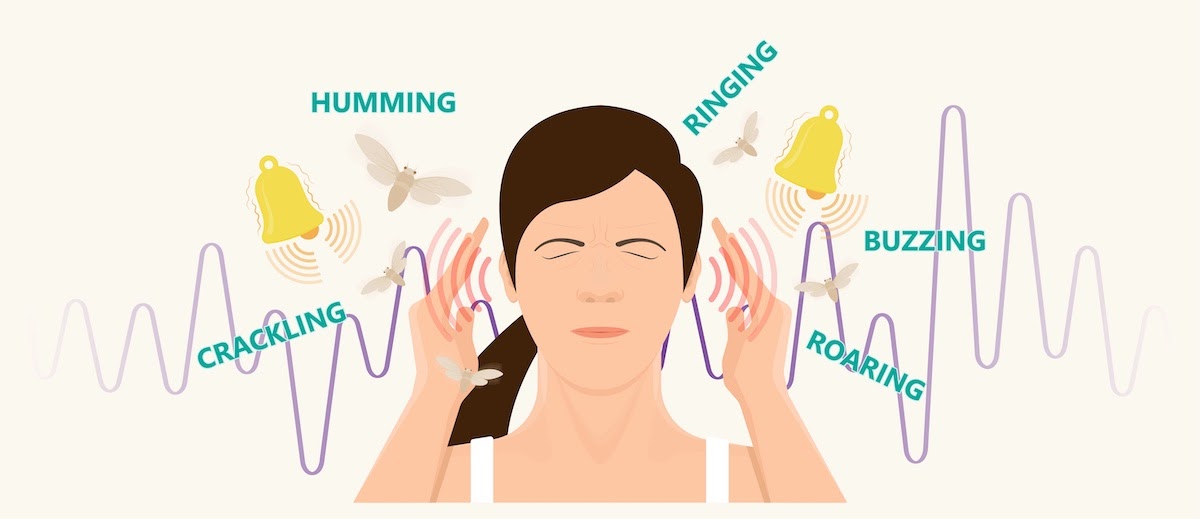 A graphic of a woman having hearing problems