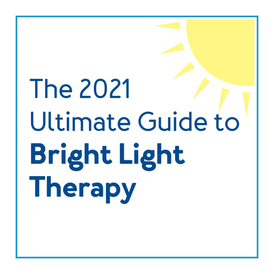 A graphic of sun with text, the ultimate guide to bright light therapy