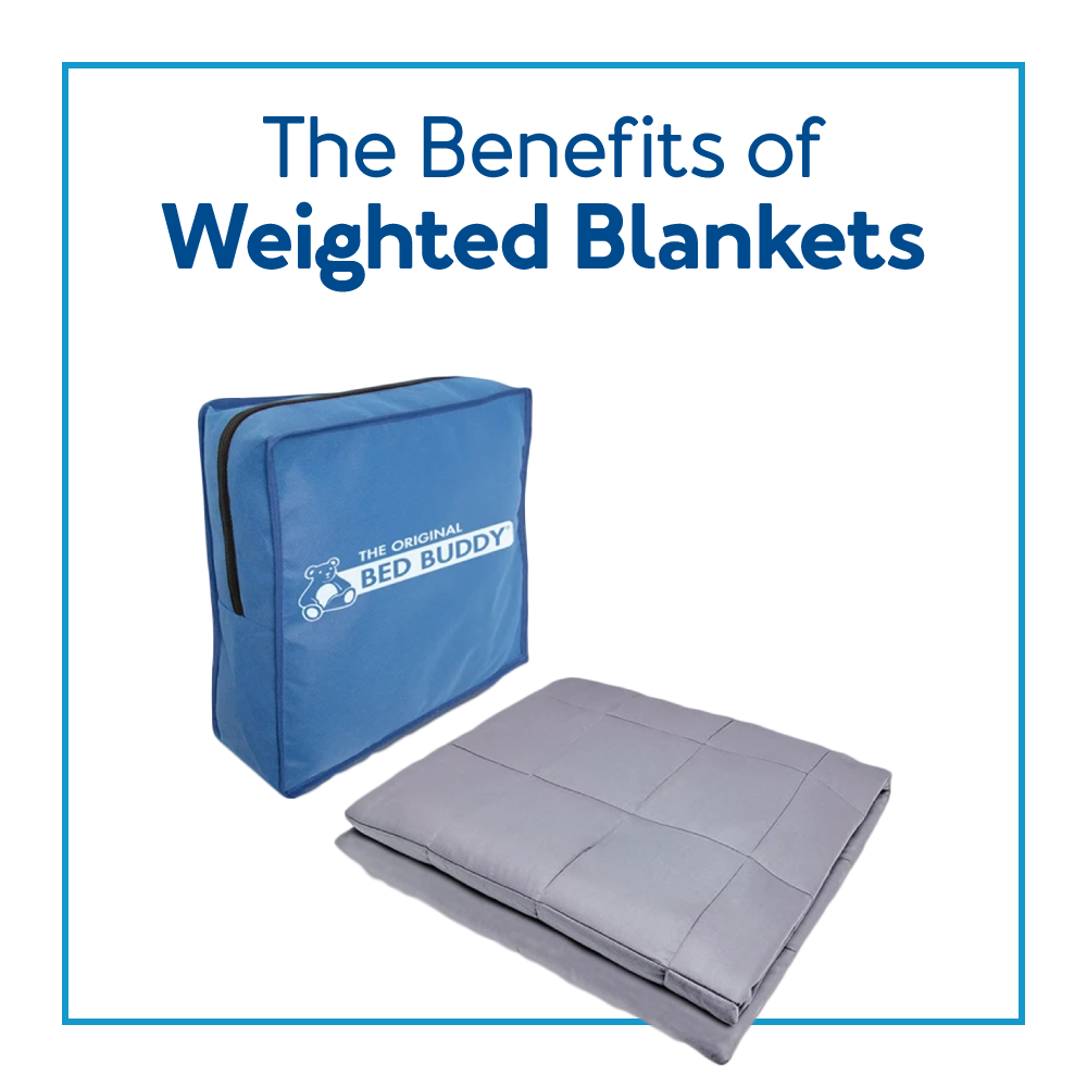 A weighted blanket next to its carrying case. Text, The benefits of weighted blankets