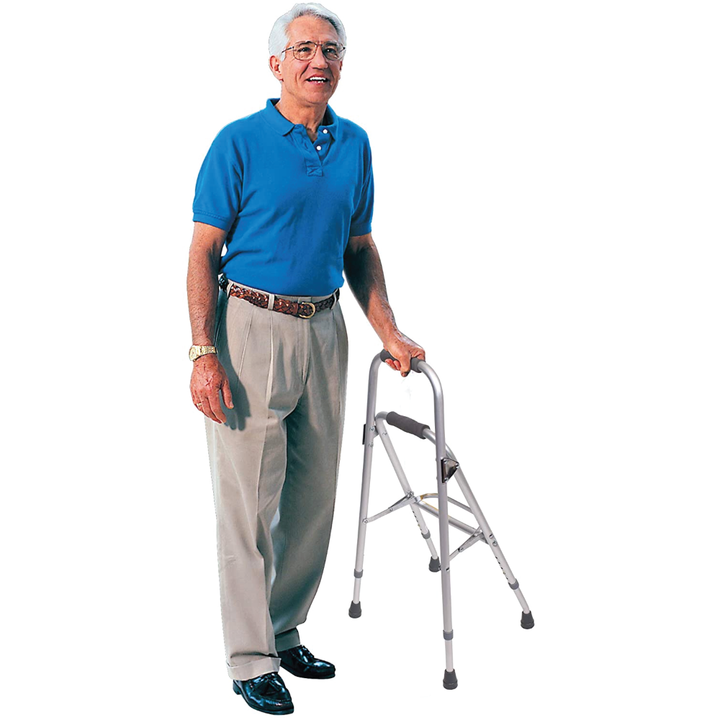 An elderly man holding the Carex Folding Hemi Walker on a white background