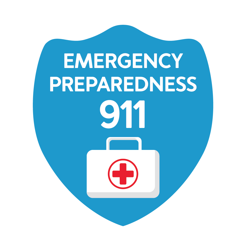 A shield graphic with an emergency kit. Text, “Emergency Preparedness 911”