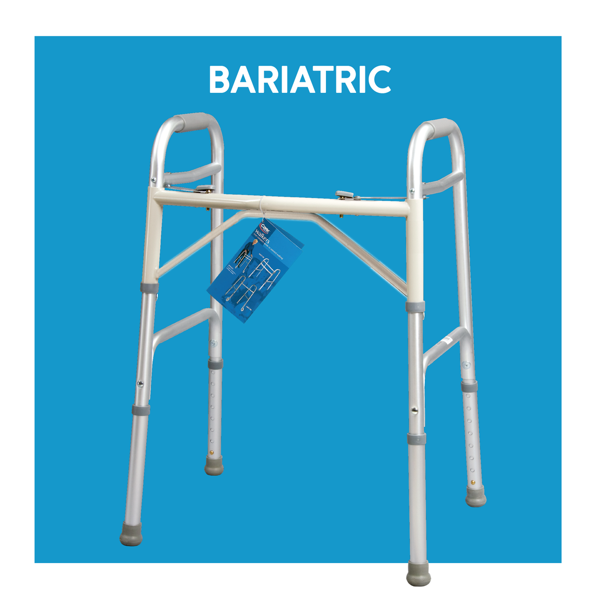A white bariatric walker with text, “bariatric”