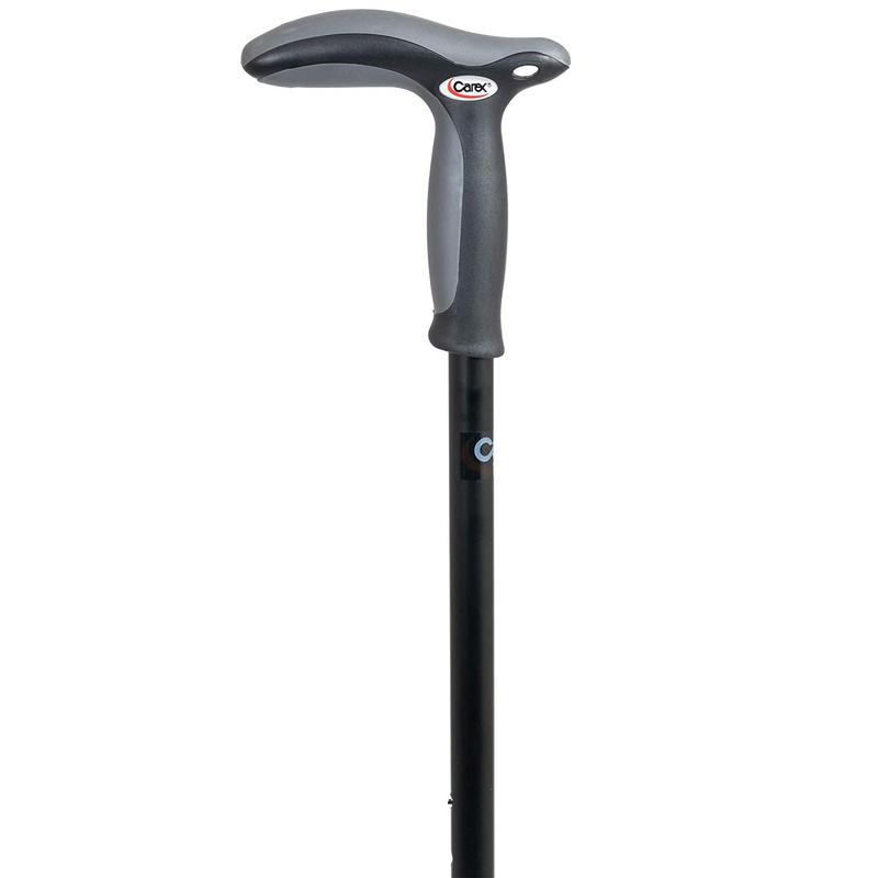 Black hiking cane with gray ergonomic handle