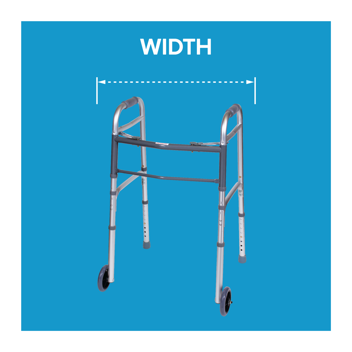 A walker with a line showing its width. Text, “width”