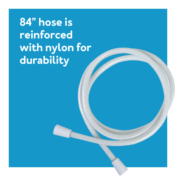 The hose for the Carex Hand-Held Shower Spray on blue background. 84 inches hose is reinforced with nylon for durability
