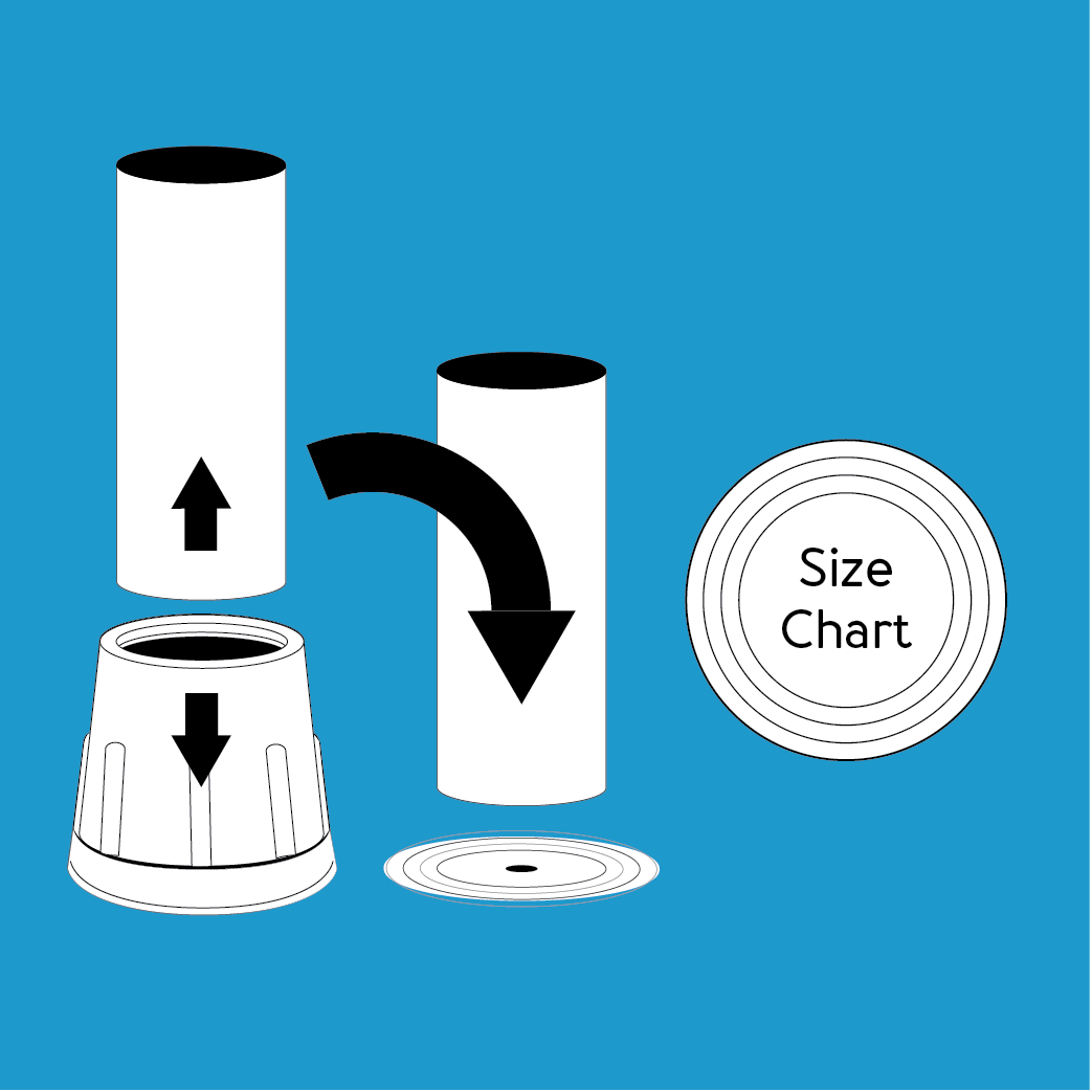 A graphic showing a cane tip being applied to a cane. Text, “Size chart”