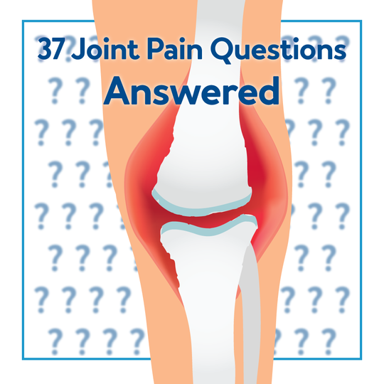 A graphic of a knee. Text, “37 Joint Pain Questions Answered”