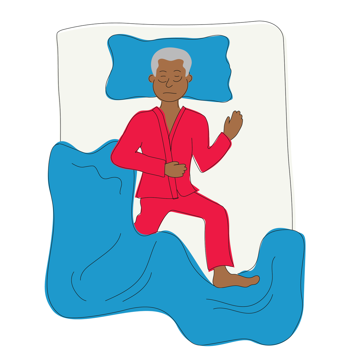 A graphic of a man sleeping on his back with one leg out of the blanket