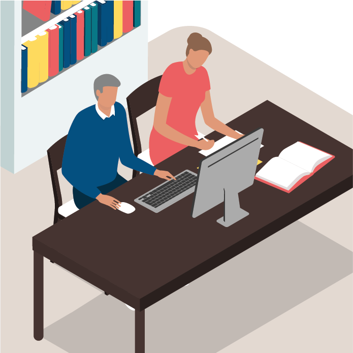 A graphic of a caregiver helping an older man at a desk