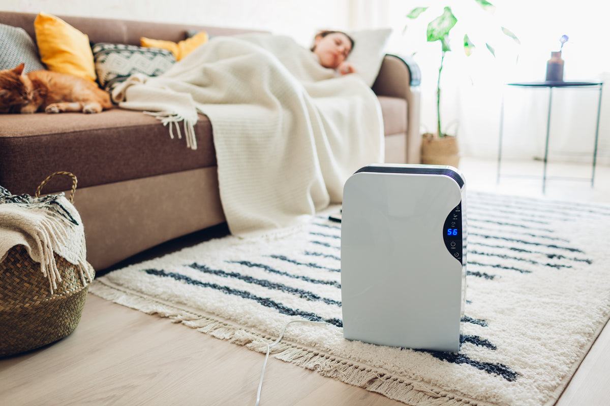 A white noise maker in front of a woman sleeping on a couch