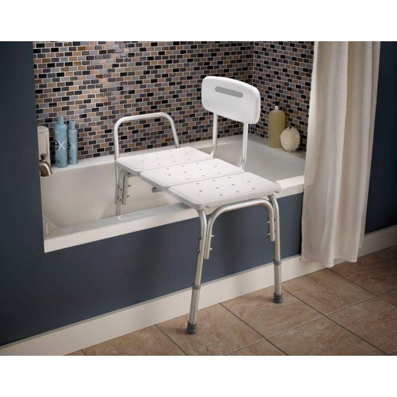 Transfer Bench in a bathtub White transfer bench with metal legs in a bathtub