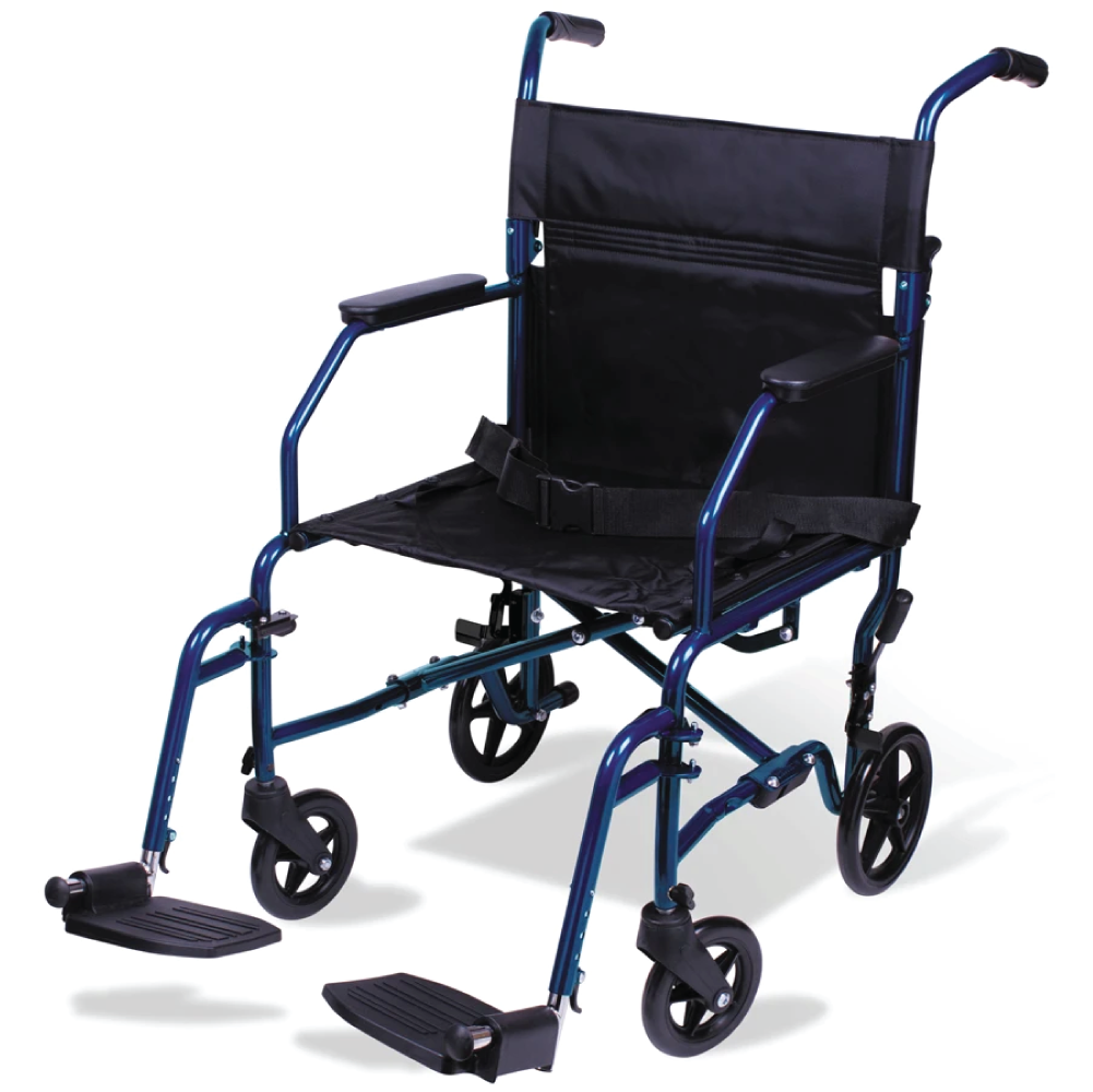 A dark blue transport chair with a black seat and wheels