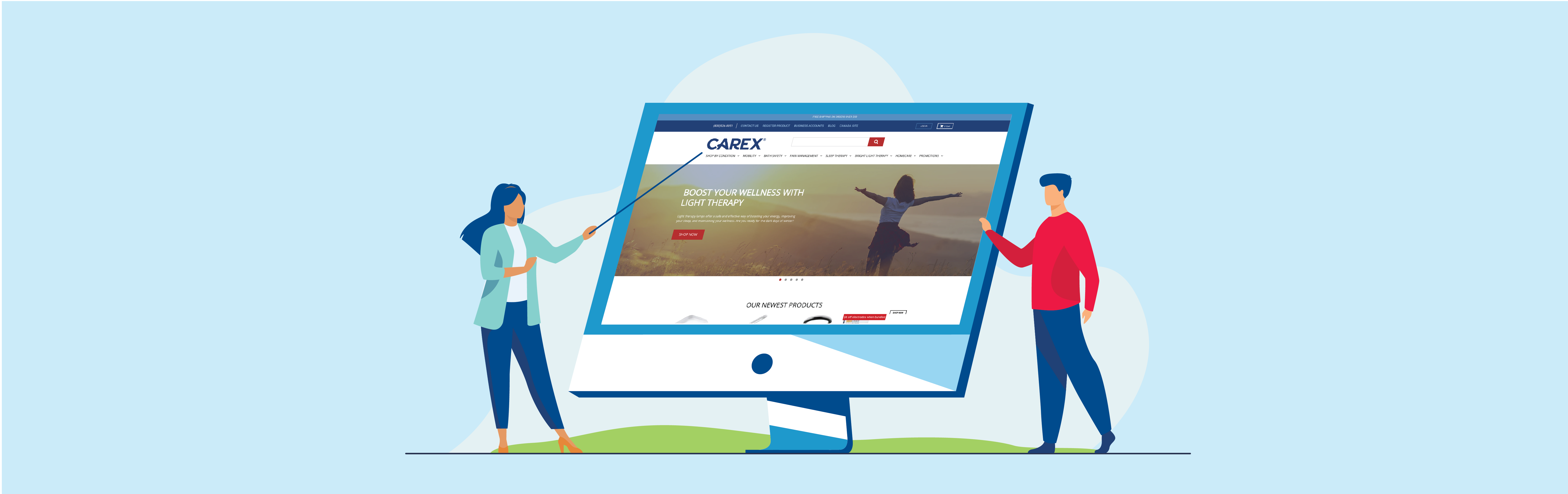 A graphic of two people next to the Carex website on a computer