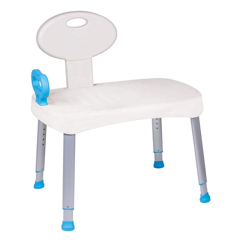 White transfer bench with blue handle and feet