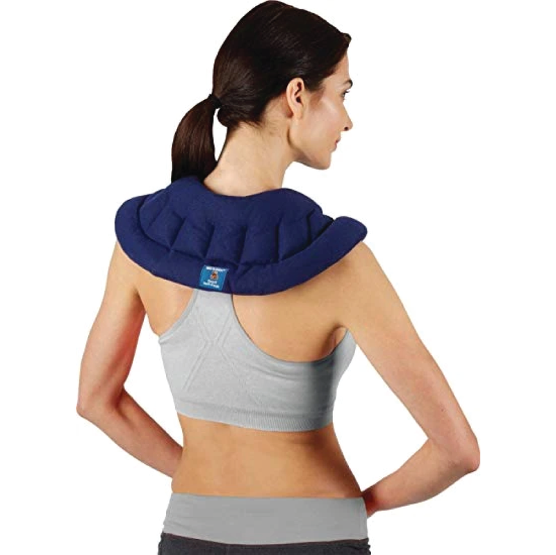 A woman with a hot/cold wrap over her neck and shoulders