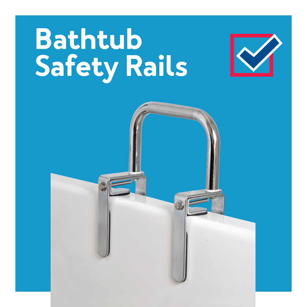 A bathtub safety rail on a blue background next to a checkmark