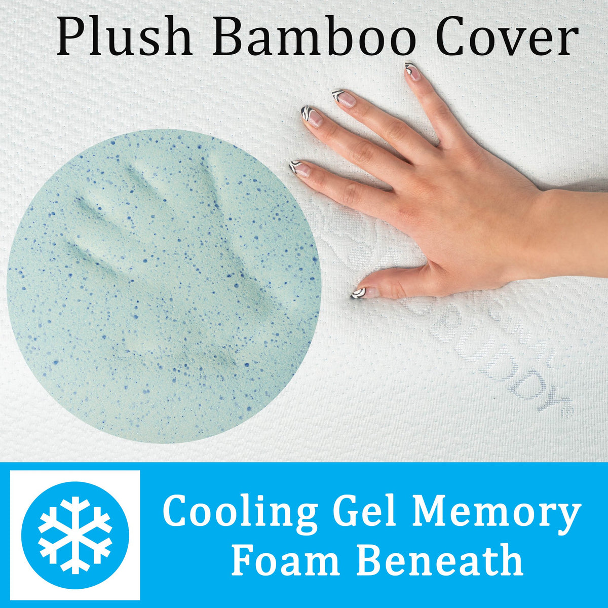 A hand pressing down on the Bed Buddy Leg Wedge Pillow. Text, Plush Bamboo Cover. Cooling Gel Memory Foam Beneath.