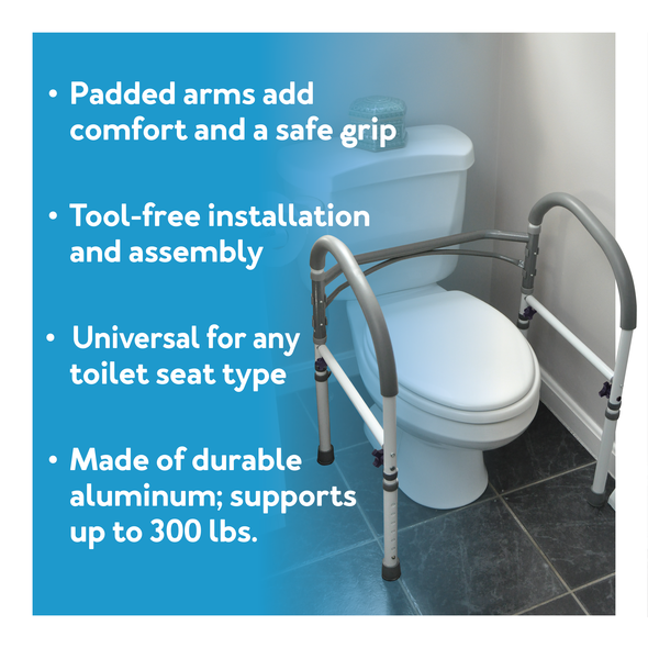 Toilet safety frame for elderly on the seat in the washroom with text : Further details are provided below.