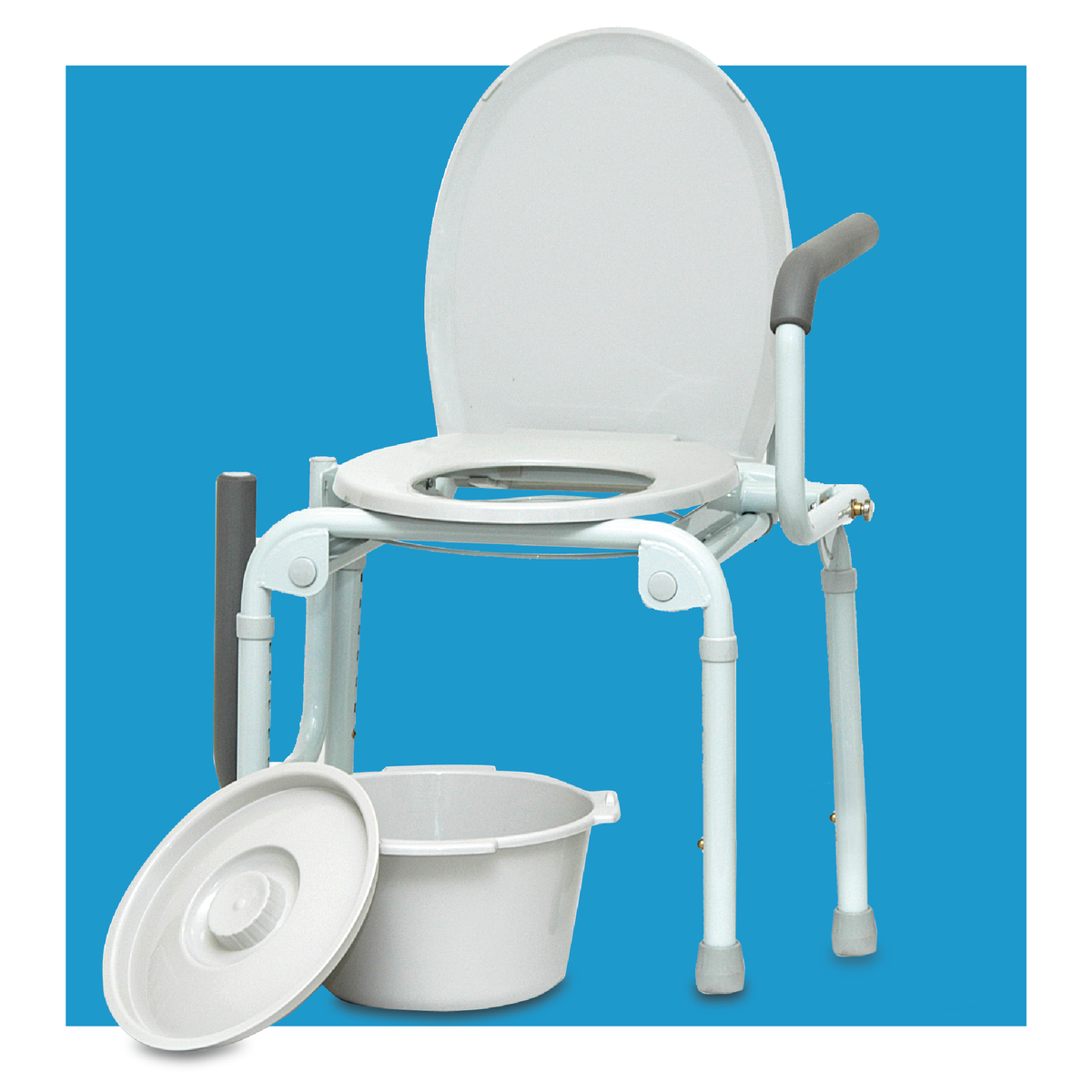 A white commode with a bucket over a blue background