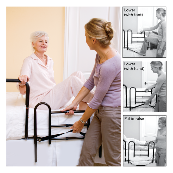 A caregiver helping an elderly woman lower the Carex Easy-Up Bed Rail. Instructions on how to do so.