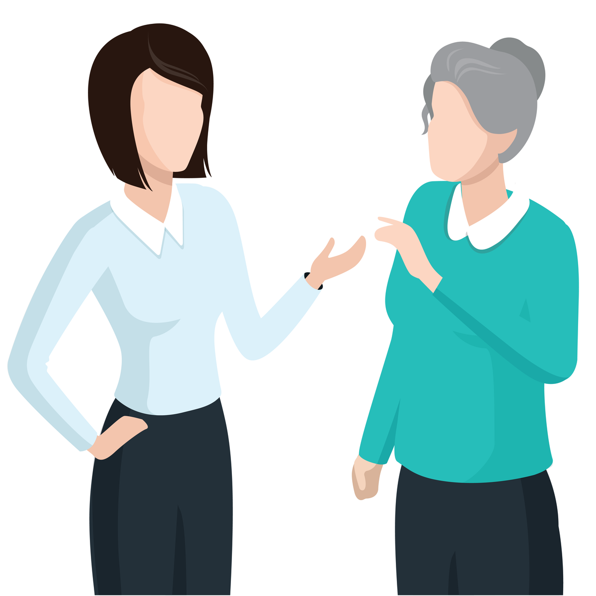 A cartoon of a young woman talking to an elderly woman