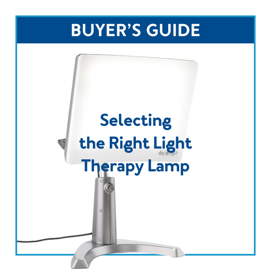 A gray light therapy lamp. Text, buyer’s guide: selecting the right therapy lamp