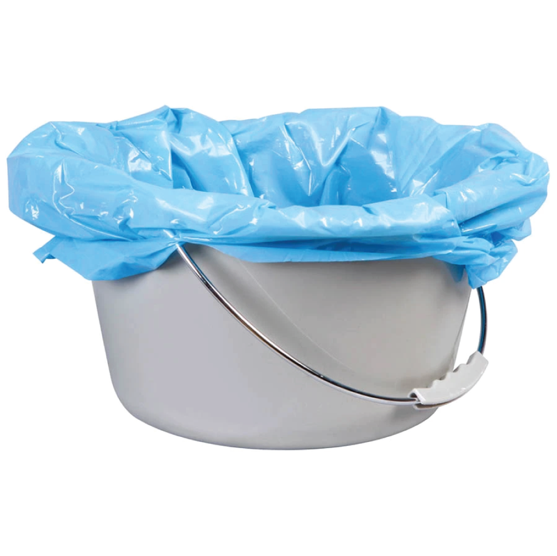A commode bucket with a blue commode liner in it