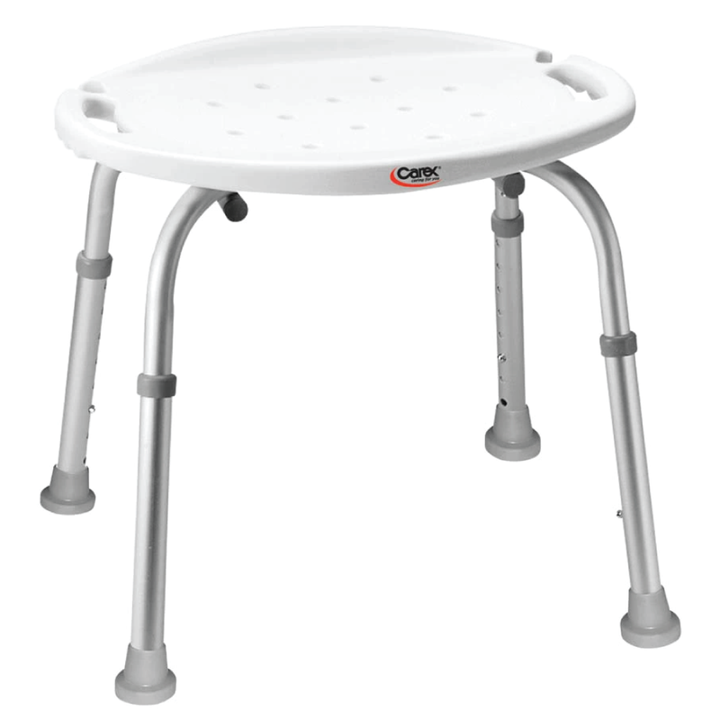 White bath seat with side handles, metal legs, no back