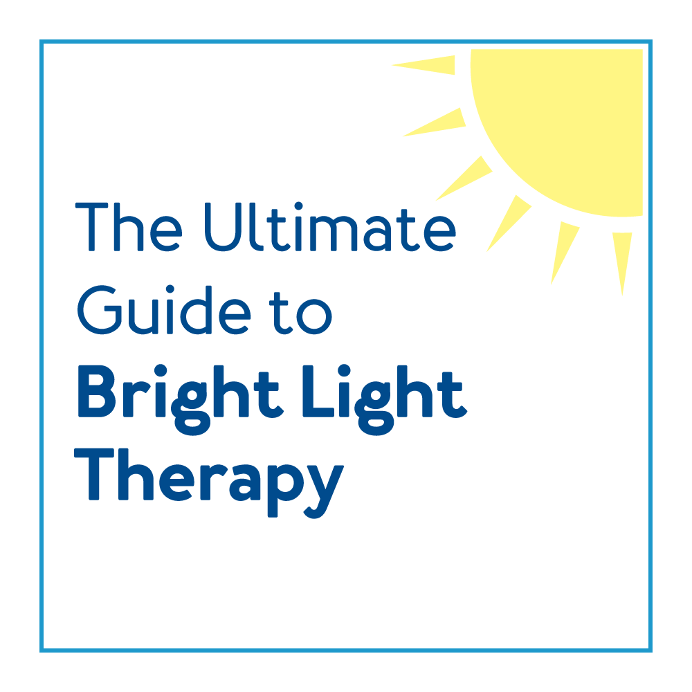 A sun graphic in side of a blue border with the text “The Ultimate Guide to Bright Light Therapy.
