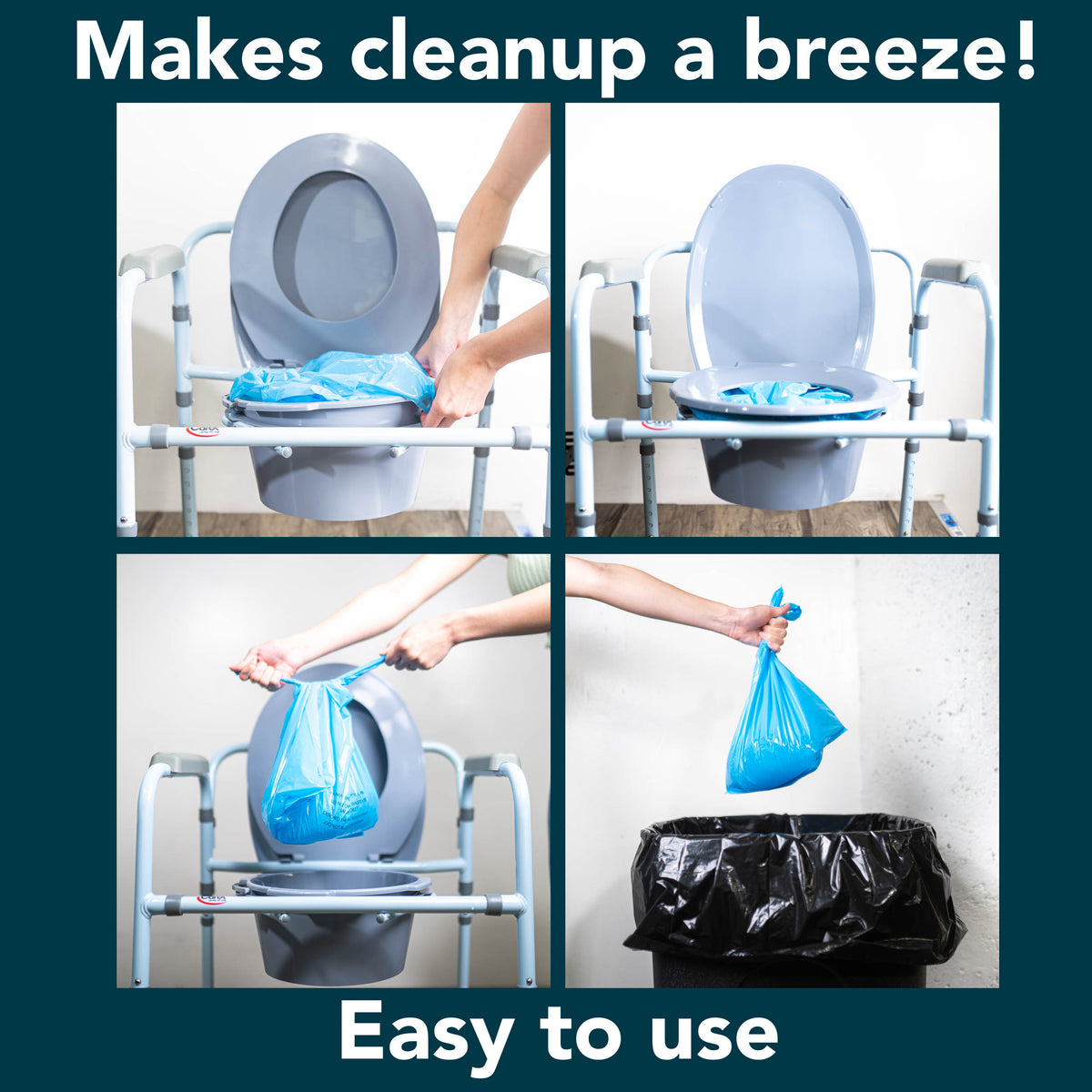 A collage showing a commode liner being disposed of. Text, “Makes cleanup a breeze! Easy to use”