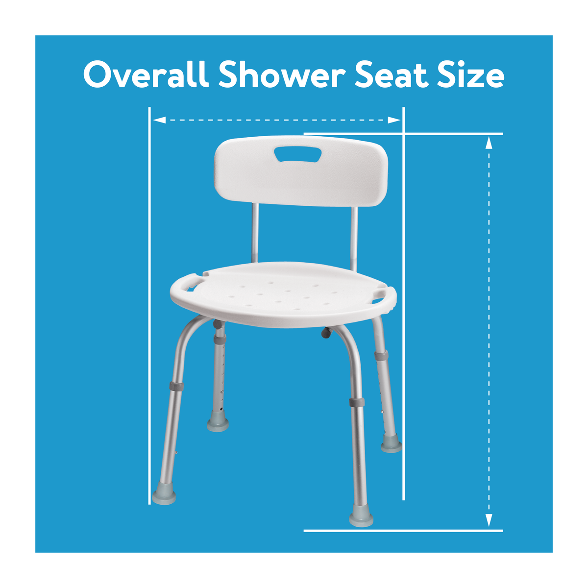 A shower seat with lines showing its size. Text, “overall shower seat size