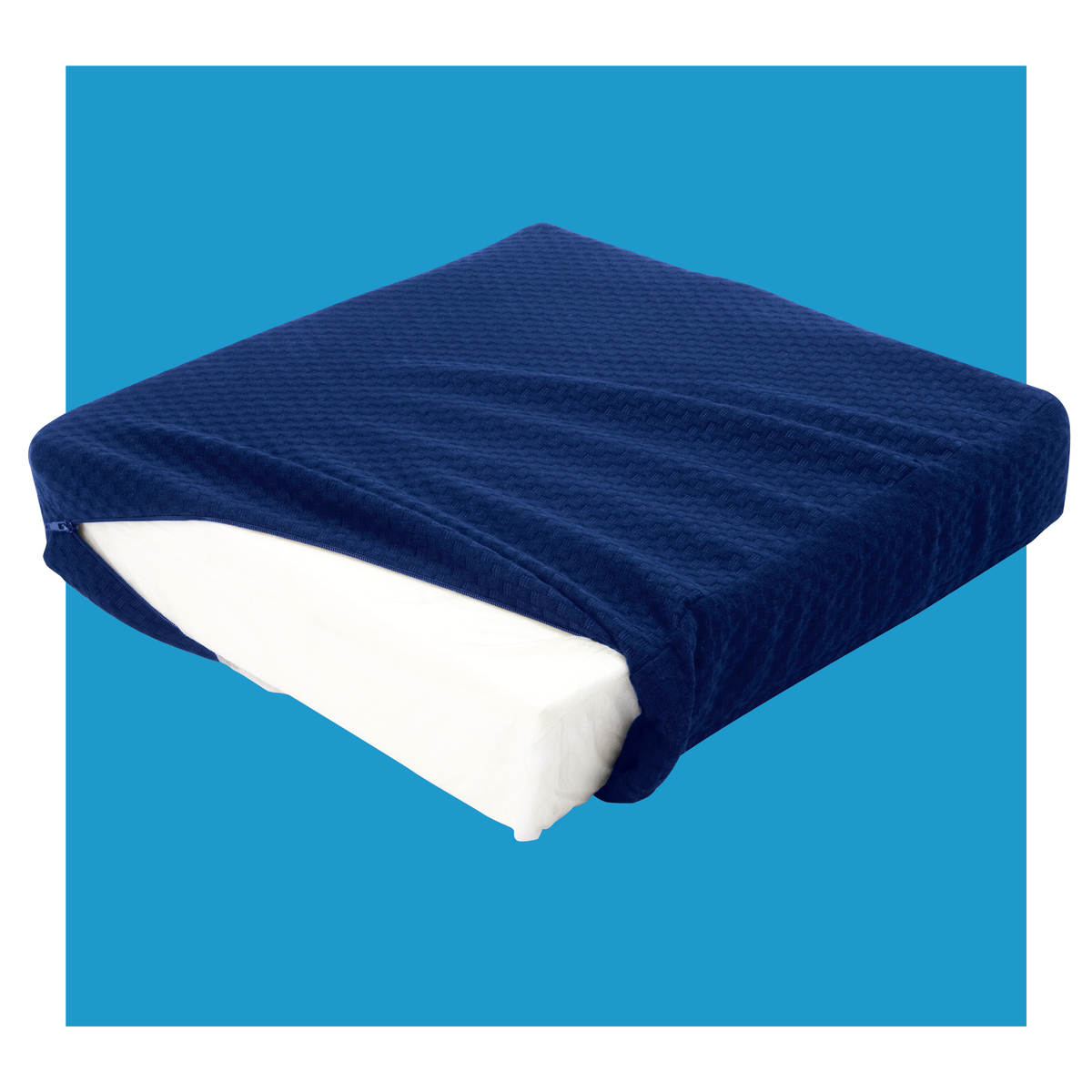 A blue cushion with its cover half off showing a removable cover
