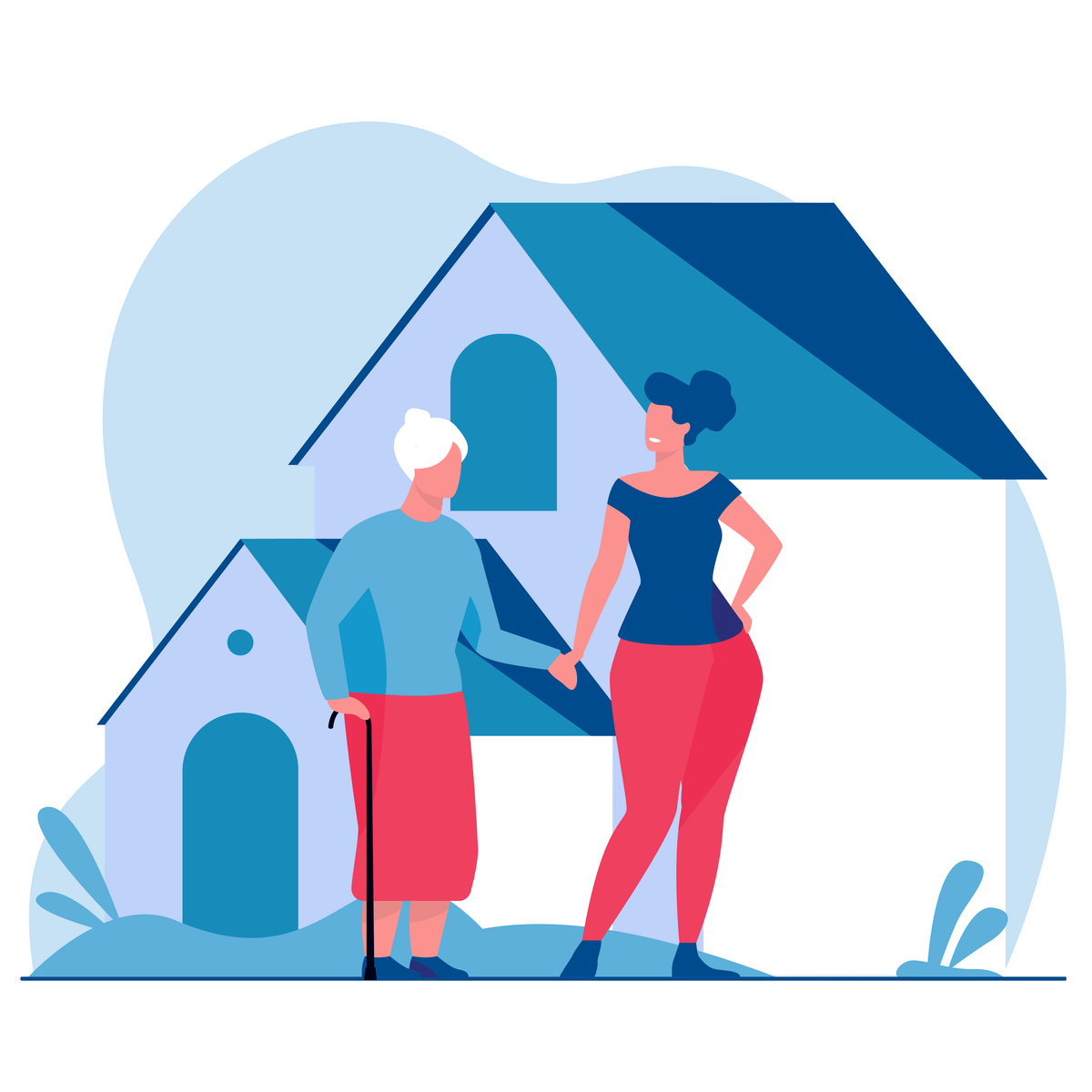 A graphic of a female caregiver with an elderly woman in front of a home