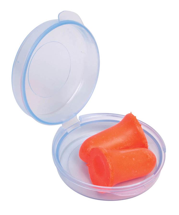 Orange Apex ear plugs in a clear container