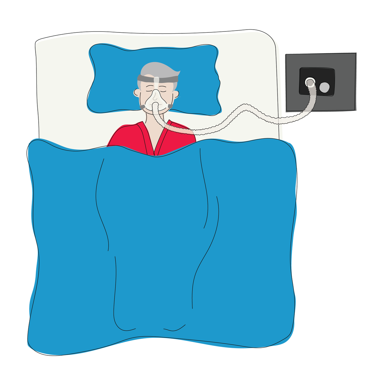 A graphic of a man sleeping on his back using a CPAP machine