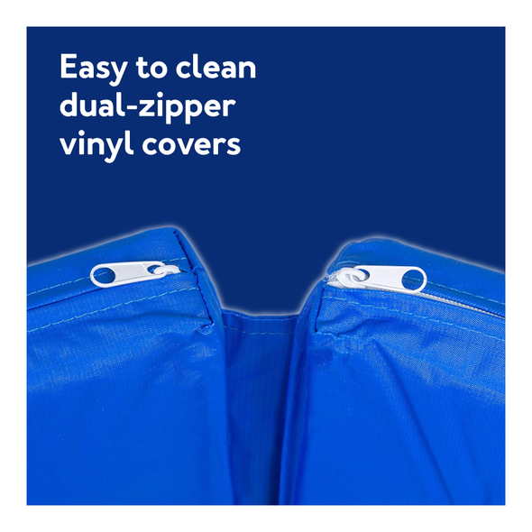 The Roscoe fall mat on a blue background. Text, Easy to clean dual zipper vinyl covers