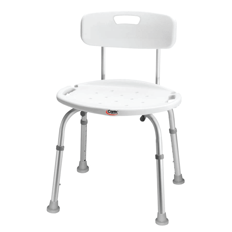 White bath seat with back, side handles, and metal legs